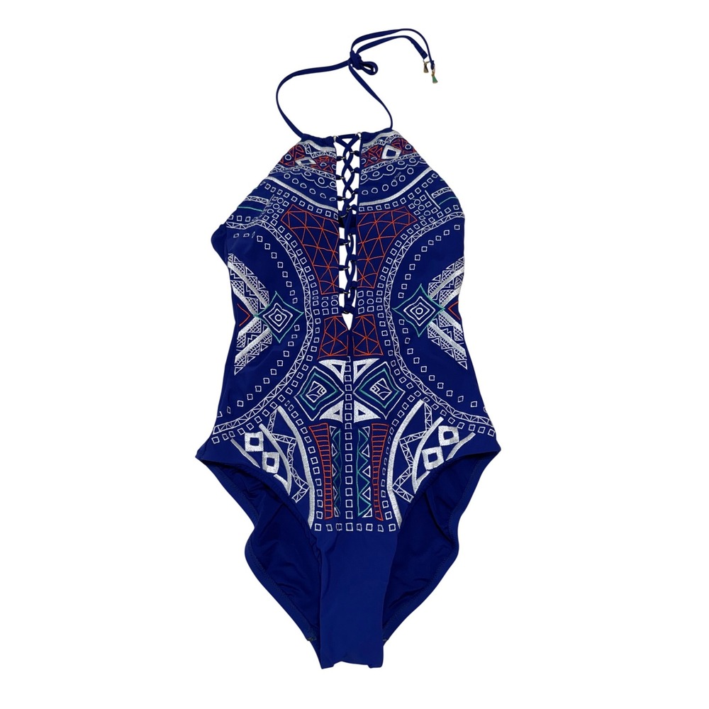 Trina Turk Swimsuit Women 8 Blue One Piece Embroidered Lace‎ Up Boho Chic Beach